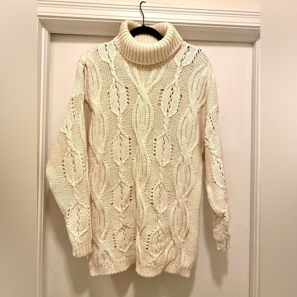 Vintage Oversized Cable Knit Turtleneck Sweater Cream 100% Cotton Oversized Cozy - Picture 1 of 5